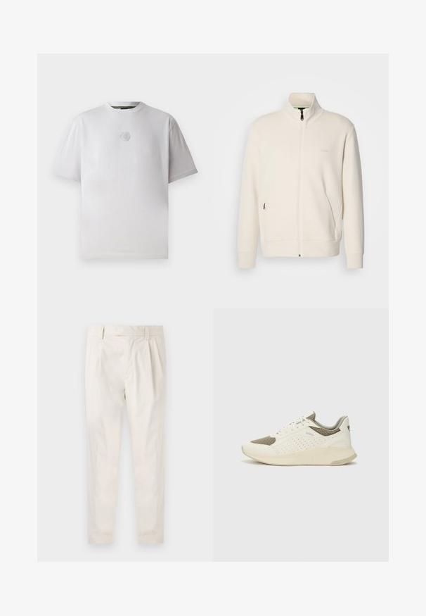 Off-white zip-up jakna s stoječim ovratnikom, dolgimi rokavi, stranskimi žepi in subtilnim logotipom "BOSS" na levem prsnem delu.; Bela kratka majica s kratkimi rokavi iz bombaža, ki ima subtilno embosirano hexagonalno logo na prsih, okrogli izrez in sproščen kroj.; Bele, plisirane hlače s krojenim prileganjem, z gladko teksturo, z zankami za pas in ožjimi hlačnicami. Brez vidnih žepov ali vzorcev.; Beli in svetlo bež športni copat, s mrežastim zgornjim delom, perforiranimi detajli in teksturirano srednjim delom z blagovno znamko na peti.