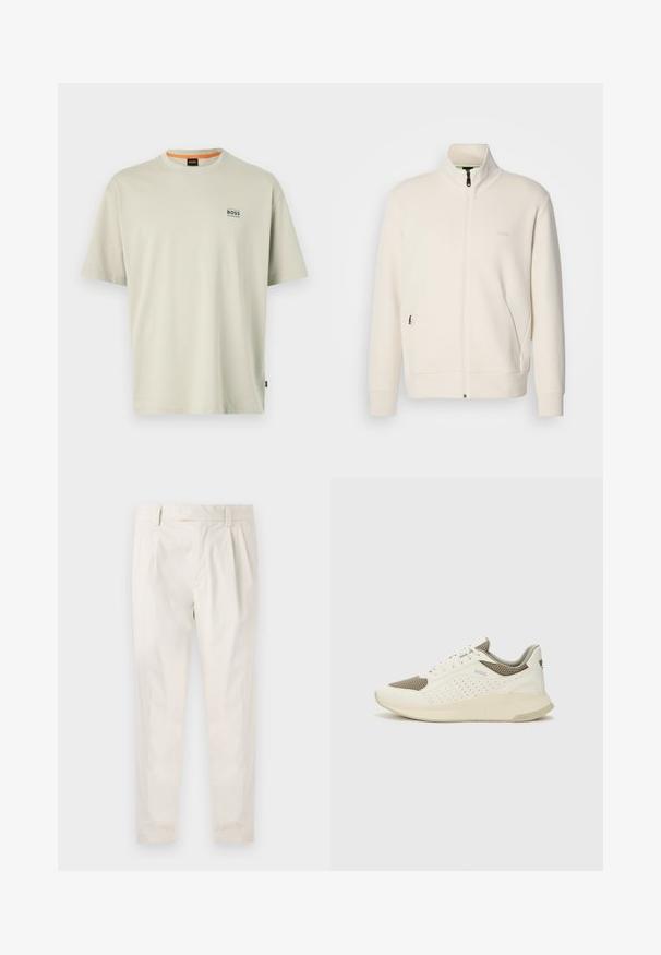 Chaqueta cremosa con cremallera y cuello alzado, mangas largas, bolsillos laterales y un discreto logo de "BOSS" en el lado izquierdo del pecho.; Camiseta de algodón gris claro con cuello redondo, mangas cortas y un pequeño logo azul de "BOSS" en el lado izquierdo del pecho. Textura suave.; Pantalones blancos plisados con un ajuste entallado, que presentan una textura suave, pasadores para el cinturón y piernas ajustadas. Sin bolsillos visibles ni patrones.; Zapatilla deportiva en blanco y beige claro, con parte superior de malla, detalles perforados y una mediasuela texturizada con la marca en el talón.