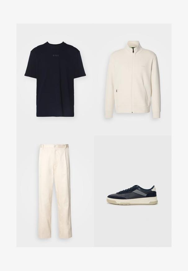 Casaco com fecho éclair em tom off-white, com colarinho elevado, mangas longas, bolsos laterais e um discreto logótipo "BOSS" no lado esquerdo do peito.; T-shirt de algodão azul-marinho com mangas curtas e decote redondo, apresentando um logo cinza "BOSS" centrado no peito.; Calças de algodão bege com corte reto, apresentando um fecho de botão e pregas na frente para um detalhe adicional.; BOSS BALTIMORE - Sapatilhas - open blue