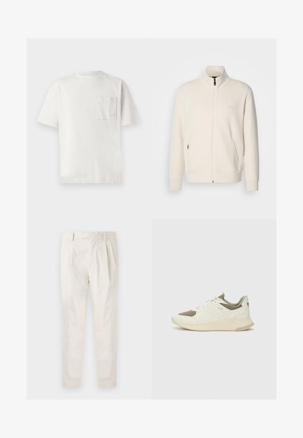 Krémová bunda na zips so stojatým golierom, dlhými rukávmi, bočnými vreckami a jemným logom "BOSS" na ľavej hrudi.; Biely bavlnený tričko s okrúhlym výstrihom, krátkymi rukávmi a náprsné vrecko na ľavej strane, s jemnou výšivkou loga. Hladký povrch.; Biele plisované nohavice s prispôsobeným strihom, s hladkou textúrou, pútkami na opasok a zúženými nohavicami. Žiadne viditeľné vrecká ani vzory.; Biele a svetlo béžové športové tenisky s hornou časťou z mriežkového materiálu, perforovanými detailmi a textúrovanou medzipodrážkou s logom na päte.