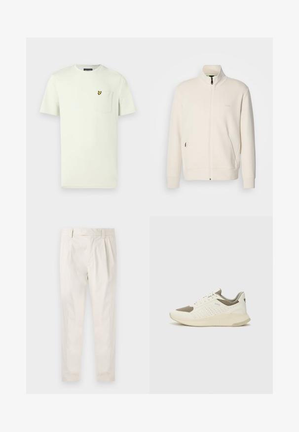 Giacca zip-up bianco sporco con colletto alto, maniche lunghe, tasche laterali e sottile logo "BOSS" sul lato sinistro del petto.; T-shirt a maniche corte verde chiaro in cotone, con taschino sul petto e un logo a farfalla gialla ricamato sulla tasca.; Pantaloni bianchi plissettati con taglio su misura, caratterizzati da una texture liscia, passanti per la cintura e gambe affusolate. Nessuna tasca o motivo visibile.; Sneaker atletica bianca e beige chiaro, con tomaia in mesh, dettagli perforati e una suola intermedia texturizzata con marchio sul tallone.