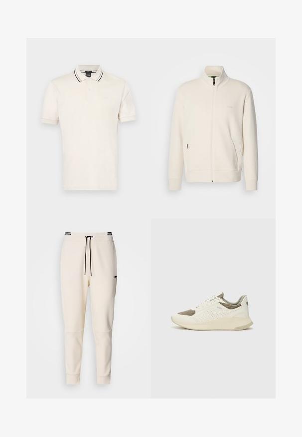 Ζακέτα σε off-white απόχρωση με κλείσιμο φερμουάρ, όρθιο γιακά, μακριά μανίκια, πλάγιες τσέπες και διακριτό λογότυπο "BOSS" στο αριστερό στήθος.; Πόλο μπλουζάκι σε ανοιχτό μπεζ βαμβάκι με πλαίσια δύο κουμπιών, ριμπ κολάρο με μαύρες και λευκές ρίγες και διακριτική σήμανση στο στήθος.; Κρεμ χρώματος παντελόνια jogger με ελαστική μέση και κορδόνι, μαύρες λεπτομέρειες, στενές γραμμές στα πόδια και πλαϊνές τσέπες.; Λευκό και ανοιχτό μπεζ αθλητικό παπούτσι, με επάνω μέρος από διχτυωτό υλικό, διακοσμήσεις με περφορέ και υφή στην ενδιάμεση σόλα με επωνυμία στη φτέρνα.