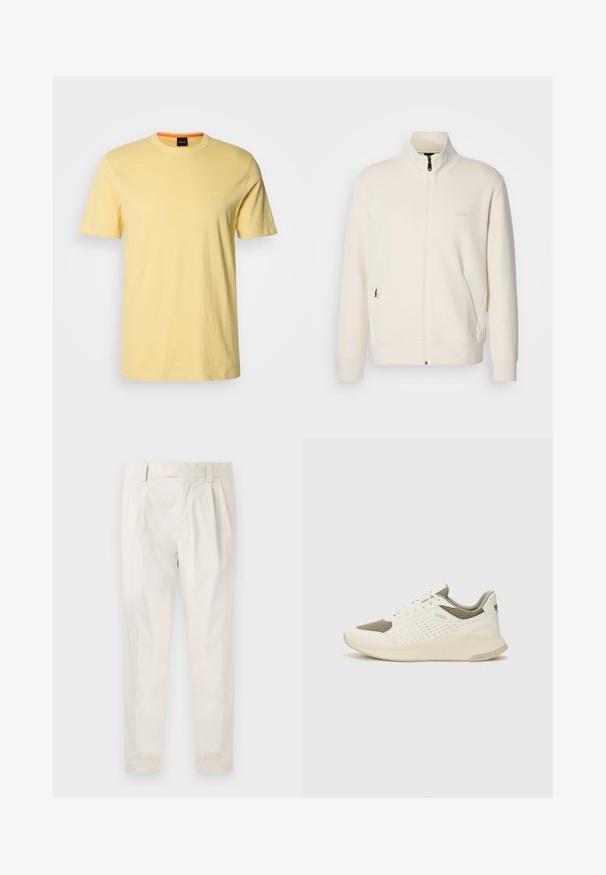 Hosszú ujjú, álló galléros, krémfehér cipzáras dzseki, oldalsó zsebekkel és diszkrét "BOSS" logóval a bal mellrészen.; Sárga kerek nyakú póló, puha anyagból, rövid ujjal. Finom "BOSS" logó van hímezve azonos színben a mellrészen.; Fehér, pliszírozott nadrág, testre szabott szabással, sima felülettel, övhurkokkal és karcsú lábszárral. Nincs látható zseb vagy minta.; Fehér és világos bézs sportcipő, légies hálós felsőrésszel, perforált részletekkel és texturált középtalppal, amelyen a saroknál a márka logója található.
