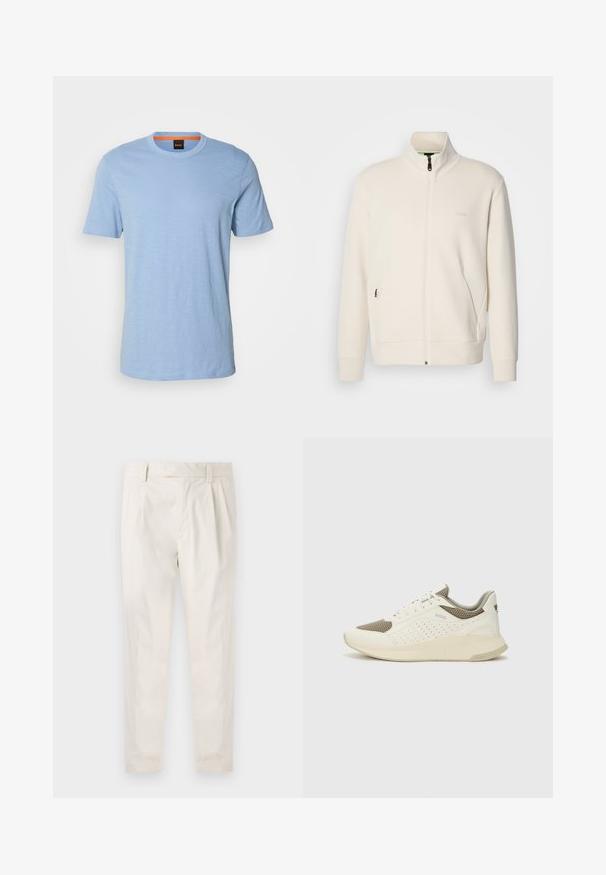 Hosszú ujjú, álló galléros, krémfehér cipzáras dzseki, oldalsó zsebekkel és diszkrét "BOSS" logóval a bal mellrészen.; Világoskék, rövid ujjú póló, puha pamutból készült. Kerek nyakkivágással rendelkezik, és finoman domborított logó található a mellkasán.; Fehér, pliszírozott nadrág, testre szabott szabással, sima felülettel, övhurkokkal és karcsú lábszárral. Nincs látható zseb vagy minta.; Fehér és világos bézs sportcipő, légies hálós felsőrésszel, perforált részletekkel és texturált középtalppal, amelyen a saroknál a márka logója található.