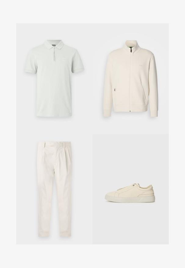 Off-white zip-up jacket with stand collar, long sleeves, side pockets, and subtle "BOSS" logo on the left chest.; Light gray polo shirt with a zippered collar, short sleeves, and a small logo patch; made from soft, smooth fabric with a subtle texture.; White, pleated trousers with a tailored fit, featuring a smooth texture, belt loops, and tapered legs. No visible pockets or patterns.; Beige leather sneaker with a rounded toe, minimalistic design, subtle stitching details, and a textured upper, on a light sole.