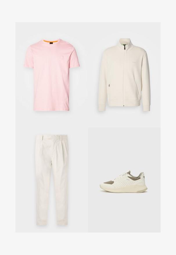 Off-white zip-up jakke med stående krage, lange ermer, sidelommer og diskré "BOSS" logo på venstre bryst.; Lys rosa bomull t-skjorte med rund hals, korte ermer og en liten firkantet logo detalj på brystet. Inni kragen er det en oransje detalj.; Hvite, pregede bukser med skreddersydd passform, som har en jevn tekstur, beltehemper og avsmalnende ben. Ingen synlige lommer eller mønstre.; Hvit og lysebeige treningssko, med en mesh-overdel, perforerte detaljer og en teksturert mellomsåle med merkevare på hælen.