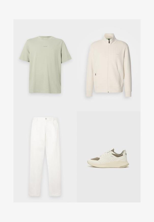 Kreemi värvi lukuga jakk kõrge kraega, pikkade varrukatega, küljetaskutega ja diskreetse "BOSS" logo ka vasakul rinnal.; Kerge rohelise värvi puuvillase T-särgiga, ümar kaelus, lühikesed varrukad ja rinnal tumedamas toonis väike Calvin Kleini logo.; Valged püksid, mis on valmistatud siledast kangast, sirge jala disainiga, ees olevate voldidega ja ühekordse nupuga vöökohtadel.; Valge ja heledat beeži värvi spordijalats, millel on õhuke võrkmaterjal, perforatsioonidega detailid ning tekstuuriga vahetald, millel on brändi logo kannaosas.