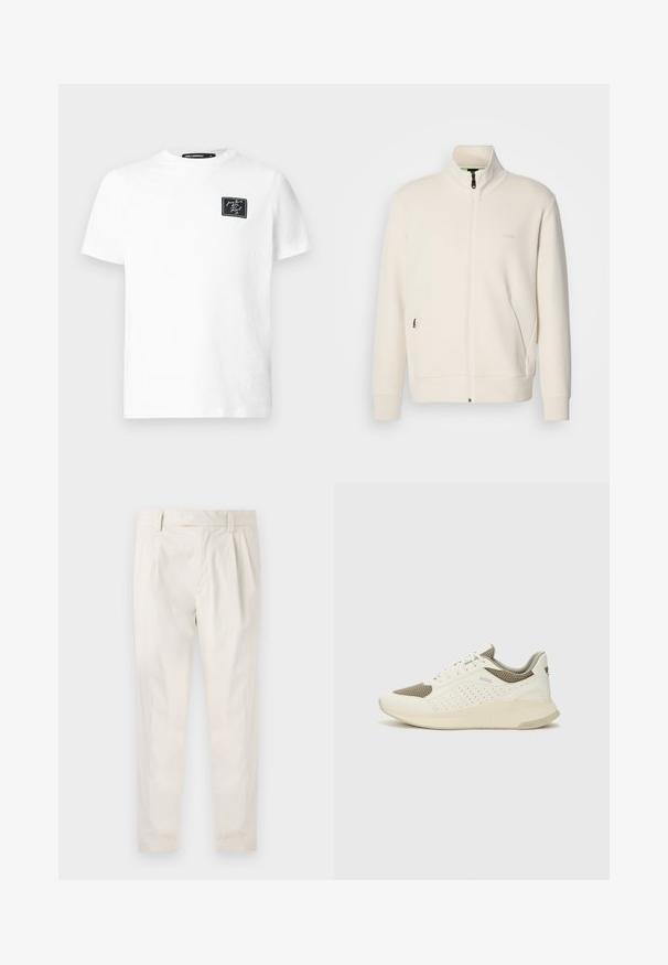 Krémová bunda na zips so stojatým golierom, dlhými rukávmi, bočnými vreckami a jemným logom "BOSS" na ľavej hrudi.; Biela tričko s krátkym rukávom a okrúhlym výstrihom, na ľavej hrudi s malým čiernym obdĺžnikovým štítkom obsahujúcim biely kurzívny text.; Biele plisované nohavice s prispôsobeným strihom, s hladkou textúrou, pútkami na opasok a zúženými nohavicami. Žiadne viditeľné vrecká ani vzory.; Biele a svetlo béžové športové tenisky s hornou časťou z mriežkového materiálu, perforovanými detailmi a textúrovanou medzipodrážkou s logom na päte.
