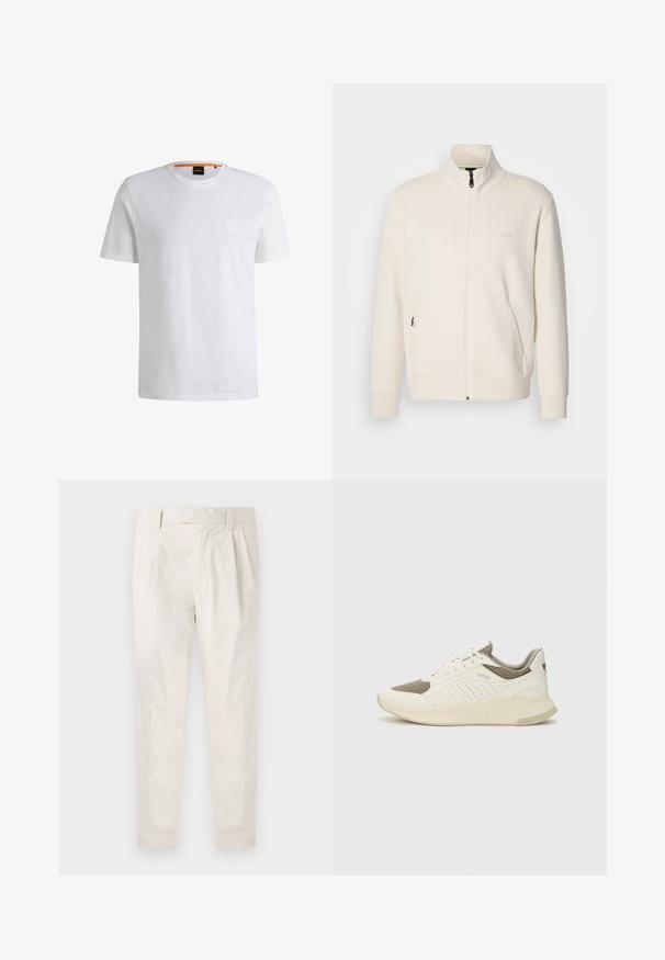 Krémová zipová bunda s vysokým límcem, dlouhými rukávy, bočními kapsami a jemným logem "BOSS" na levé části hrudi.; Bílý bavlněný tričko s krátkými rukávy a kulatým výstřihem. Má decentní nášivku loga na přední straně a oranžový akcent u límce.; Bílé, plisované kalhoty s upraveným střihem, které mají hladkou texturu, poutka na opasek a zúžené nohavice. Bez viditelných kapes nebo vzorů.; Bílé a světle béžové atletické tenisky, které mají síťovaný svršek, perforované detaily a texturovanou mezipodešev s logem na patě.