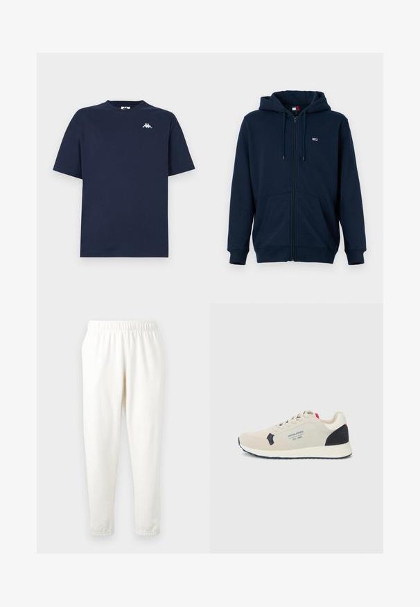 Tumesinine tõmblukuga kapuutsiga sviiter pehmest kangast, millel on reguleeritav kapuuts, ees taskud ja väike brändi logo rinnal.; Tumedat sinise lühikese varrukaga T-särk ringkaelusega, mille vasakul ülal rinnal on väike valge logo, millel on kaks seljaga seljaga istuvat figuuri.; Kreemjas värvuses elastne vöökoht, kitsenevate jalgadega dressipüksid, mis on valmistatud pehmest materjalist. Omab siledat tekstuuri ja ei sisalda nähtavaid mustreid ega aktsente.; Bež spordijalats, millel on nahk ja tekstiilist pealis, tumesinised aktsendid kandadel ja tallaosas, ning nööriga eesmine osa koos logodetailiga.