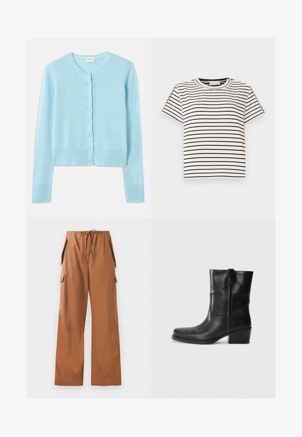 Lichtblauwe cardigan gemaakt van zachte stof, met een ronde halslijn, lange mouwen en knoopsluiting, met geribde manchetten en onderrand.; Katoenen T-shirt met korte mouwen en een ronde hals, met zwarte verticale strepen op een witte achtergrond en een rechte snit.; Bruine wijde cargo broeken van lichtgewicht stof, met een elastische tailleband met een trekkoord en zijzakken.; Zwarte leren enkellaars met een ronde neus, blokhak, zijrits en stikselaccenten op de wreef. Gladde textuur, klassiek ontwerp.