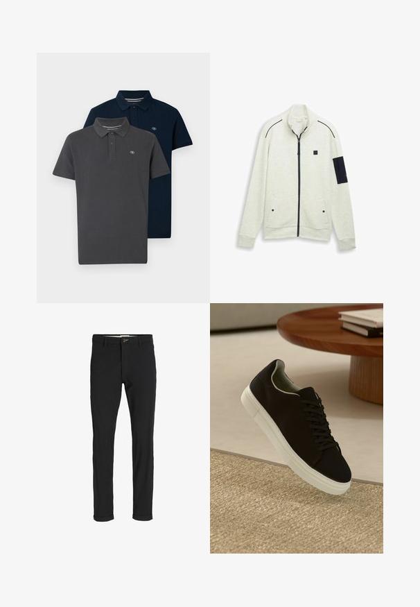 Svetle šedá zipová mikina s texturovanou tkaninou, černými akcenty, bočními kapsami a stojáčkovým límcem. Na hrudi se nachází logo.; Dvě polo trička v balení: jedno tmavě šedé a jedno tmavě modré, obě vyrobené z hladké bavlny s klasickým límečkem a logem na hrudi.; Černé kalhoty z bavlněné směsi s úzkým střihem, s knoflíkovým zapínáním, kapsami a ohrnutými manžetami pro uvolněný vzhled.; Černé tenisky s bílou podrážkou plující nad béžovým texturovaným kobercem poblíž kulatého dřevěného stolu se stohovanými knihami.
