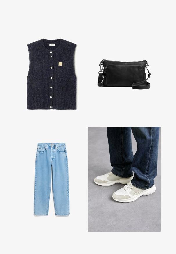Gilet senza maniche di colore blu navy in maglia con un motivo testurizzato, dotato di bottoni bianchi e un piccolo etichetta quadrata di tessuto sul lato sinistro.; T-shirt bianca in cotone con maniche corte, scollatura a girocollo e vestibilità rilassata. Texture liscia e design semplice, senza motivi o dettagli.; Jeans in denim azzurro chiaro con una vestibilità ampia, vita alta, design a cinque tasche e una leggera scoloritura lungo le cuciture delle gambe.; Sneakers in grigio chiaro e morbido beige in rete con accenti in suede. Presentano un design con lacci e una spessa suola in gomma bianca. Indossati con jeans blu.; Borsa a tracolla in pelle nera con scomparto principale con zip, tasca frontale, hardware in argento e tracolla regolabile. Texture liscia.