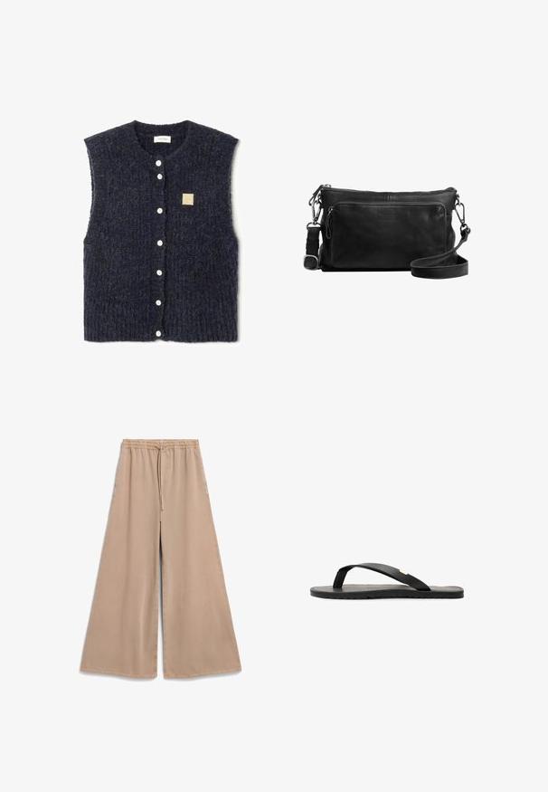 Marineblauer ärmelloser Strickpullunder mit einem strukturierten Muster, ausgestattet mit weißen Knöpfen und einem kleinen quadratischen Stoffetikett auf der linken Seite.; Weißes Baumwoll-T-Shirt mit kurzen Ärmeln, Rundhalsausschnitt und lockerer Passform. Glatte Textur und schlichtes Design, keine Muster oder Akzente.; Beige weite Hosen mit elastischem Bund und Kordelzug. Weicher Stoff, glatte Textur und lässige Passform mit seitlichen Taschen.; Schwarze Flip-Flop-Sandale mit flacher Sohle, strukturiertem schwarzen Fußbett, glatten Riemen und einem kleinen goldenen Akzent nahe dem Zehensteg.; Schwarze Leder-Crossbody-Tasche mit einem Reißverschluss-Hauptfach, Vordertasche, silberner Hardware und einem verstellbaren Tragegurt. Glatte Textur.