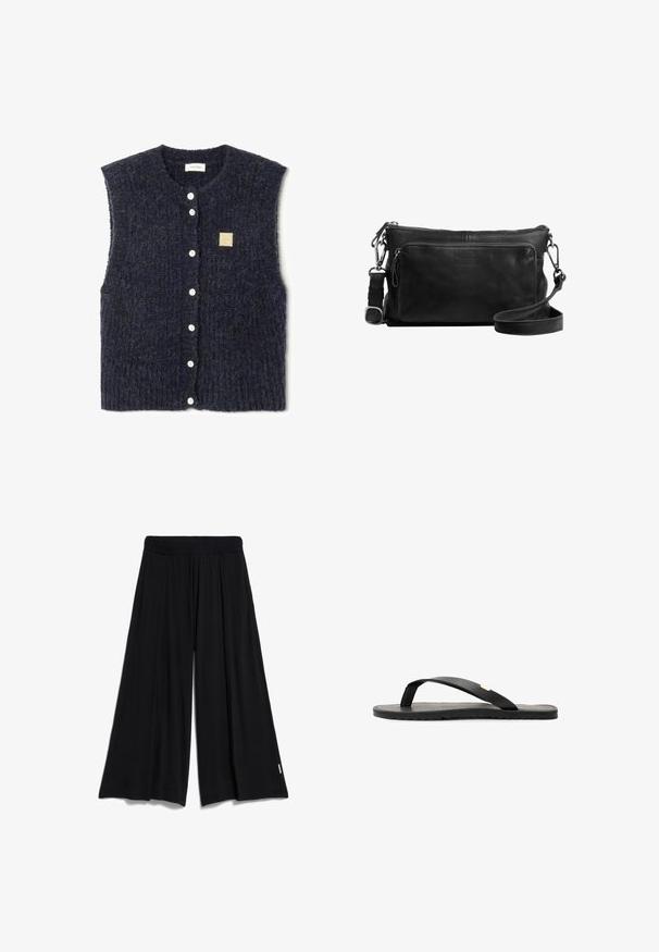 Navyblauwe mouwloze gebreide vest met een textuurpatroon, voorzien van witte knopen en een klein vierkant stoffen label aan de linkerkant.; Witte katoen t-shirt met korte mouwen, ronde hals en een ontspannen pasvorm. Glad materiaal en eenvoudig ontwerp, zonder patronen of accenten.; Zwarte brede broek met een elastische tailleband, gemaakt van zachte stof, met een losse pasvorm en subtiele drapingdetails.; Zwarte flip-flop sandaal met een platte zool, zwarte textuur inlegzool, gladde bandjes en een kleine gouden accent bij de teenpost.; Zwarte leren schoudertas met een ritsvak, een voorzak, zilverkleurige hardware en een verstelbare schouderband. Gladde textuur.