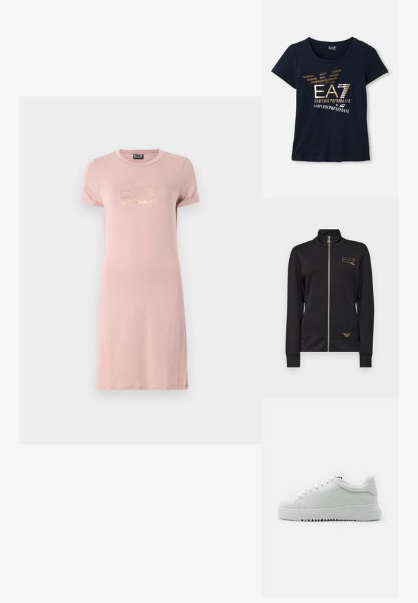 Must mustaga takjakk, kõrge kaelusega, valmistatud siledast kangast. Omab kuldseid logo aksessuaare ja sobituvat disaini koos soonikkoes mansettidega.; Roosa puuvillane kleit lühikeste varrukatega, ümmargune kaelus, millel on kuldne metallist "EA7" logo ja diskreetne brändi detail õlal.; Tumedat sinise värvuse lühikeste varrukate T-särk, mis on valmistatud puuvillast, sisaldades metallilise kuldse graafilise logo koos tekstiga ja stiliseeritud kotka tiiva aksentidega.; Valged tossud tekstuuriga nahkülemisega, ümara varbaga ja paeltega disain. Paks valge kummitald tekstuuriga haardemustriga.