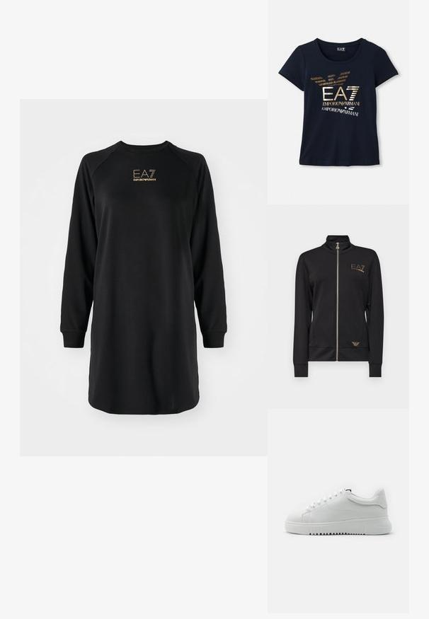 Melna zip-up jaka ar augstu apkakli, izgatavota no gludas auduma. Ar zelta logotipa akcentiem un pieguļošu dizainu ar ribotām piedurknēm.; Melnā garām piedurknēm kleita ar apaļu kakla izgriezumu un teksturētu adījumu. Ar "EA7 Emporio Armani" zeltītu logo uz krūšu daļas.; Kreklu ar īsām piedurknēm, tumši zila colorā, izgatavots no kokvilnas, ar metālisku zelta grafiku, kas ietver tekstu un stilizētus ērgļa spārnu akcentus.; Baltas sporta apavi ar teksturētu ādas virsu, apaļu purngalu un auklu aizdari. Bieza balta gumijas zole ar teksturētu saķeres rakstu.