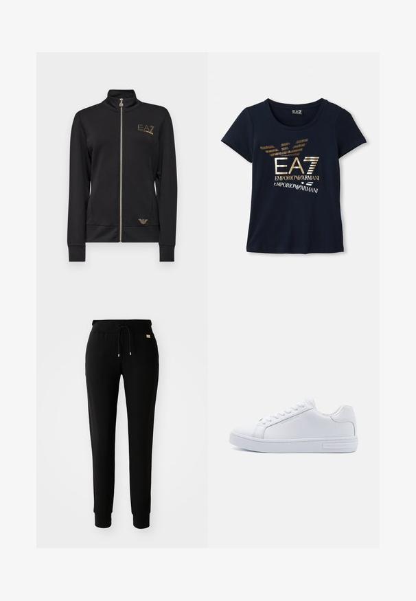 Casaco preto com fecho éclair e gola alta, feito de um tecido suave. Apresenta detalhes em logo dourado e um design ajustado com punhos canelados.; Camiseta de manga curta azul marinho feita de algodão, apresentando um logótipo gráfico dourado metálico com texto e elementos estilizados de asa de águia.; Calças de sweat preto ajustadas com cordão na cintura e pernas com punho, expostas sobre um fundo branco liso.; Sapatilhas brancas em couro, de cano baixo, com bico redondo, sola de borracha plana e detalhe com logótipo na lateral. Apresenta seis pares de ilhós e acabamentos texturizados.