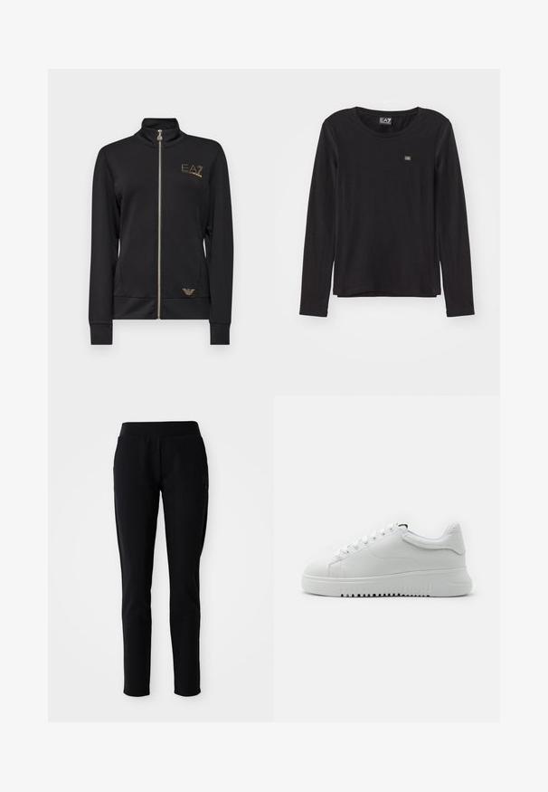 Fekete cipzáras dzseki magas gallérral, sima anyagból készült. Arany logókkal díszítve, testhez simuló fazonnal és bordás mandzsettákkal.; Fekete, hosszú ujjú felső, puha anyagból készült. Kerek nyakkivágással és egy kis logóval a bal mellen. Simább textúra, laza szabás.; Fekete sportnadrág, testhezálló fazonnal, rugalmas derékkal és oldalsó zsebekkel, az egyik lábon diszkrét logórészlettel.; Fehér sportcipők strukturált bőrfelsővel, kerek orrával és fűzős kialakítással. Vastag fehér gumi talp, texturált tapadó mintával.