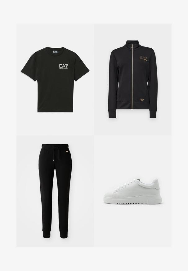 Svart hettejakke med glidelås, laget av glatt stoff. Har gulllogo-detaljer og en tettsittende design med ribbede mansjetter.; Svart t-skjorte med korte ermer og hvit "EA7 Emporio Armani" logo på venstre bryst og matchende nakkelabel.; Sorte tapered joggebukser med snøring i livet og mansjetter ved anklene, vist på en enkel hvit bakgrunn.; Hvite joggesko med en strukturert skinnoverdel, rund tå og snøring. Tykkt hvitt gummisåle med gripestruktur.