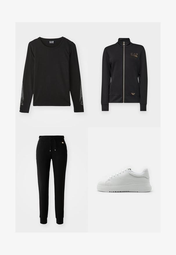 Czarna kurtka na zamek z wysokim kołnierzem, wykonana z gładkiego materiału. Posiada złote akcenty z logo oraz dopasowany krój z prążkowanymi mankietami.; Czarna koszula z długim rękawem, wykonana z miękkiego materiału, z okrągłym dekoltem i srebrnymi zdobieniami wzdłuż rękawów w gradientowym wzorze.; Czarne zwężające się dresy z elastycznym paskiem i ściągaczem na kostkach, wyeksponowane na prostym białym tle.; Białe sneakersy z fakturowaną skórzaną cholewką, okrągłym noskiem i wiązanym fasonem. Gruba, biała gumowa podeszwa z fakturowanym wzorem antypoślizgowym.