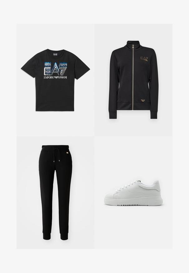 Črna zadrga jakna z visokim ovratnikom, izdelana iz gladkega blaga. Ima zlat logo in prilegajoč dizajn z rebrastimi manšetami.; Črna majica s kratkimi rokavi s sinjim in srebrnim bleščicami okrašenim logotipom "EA7" ter belim napisom "Emporio Armani" spredaj.; Črne slim fit trenirke z vrvico v pasu in z manšetami na gležnjih, prikazane na beli ozadju.; Bele tene jaha z višezložno usnje, okroglim nosom in vezalnim dizajnom. Debel beli gumijast podplat z teksturiranim oprijemnim vzorcem.