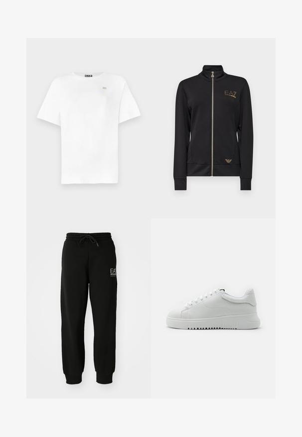 Black zip-up jacket with a high collar, made from smooth fabric. Features gold logo accents and a fitted design with ribbed cuffs.; White cotton T-shirt with short sleeves, round neck, and a small gold logo on the left chest. Smooth texture, relaxed fit.; Black jogger pants made of soft cotton blend, featuring an elastic waistband, drawstring, and tapered ankle cuffs. Includes front logo detail.; White sneakers with a textured leather upper, round toe, and lace-up design. Thick white rubber sole with textured grip pattern.