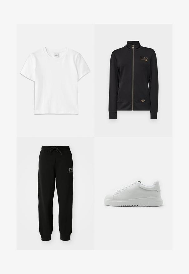 Svart hettejakke med glidelås, laget av glatt stoff. Har gulllogo-detaljer og en tettsittende design med ribbede mansjetter.; Hvit bomulls T-skjorte med rund hals, kortermet og rett fald. Merkeetikett "Won Hundred" midt på halsutskjæringen.; Sorte joggebukser laget av myk bomullsblanding, med elastisk midjebånd, snor og innsnevrede ankler. Inkluderer logo-detalj foran.; Hvite joggesko med en strukturert skinnoverdel, rund tå og snøring. Tykkt hvitt gummisåle med gripestruktur.