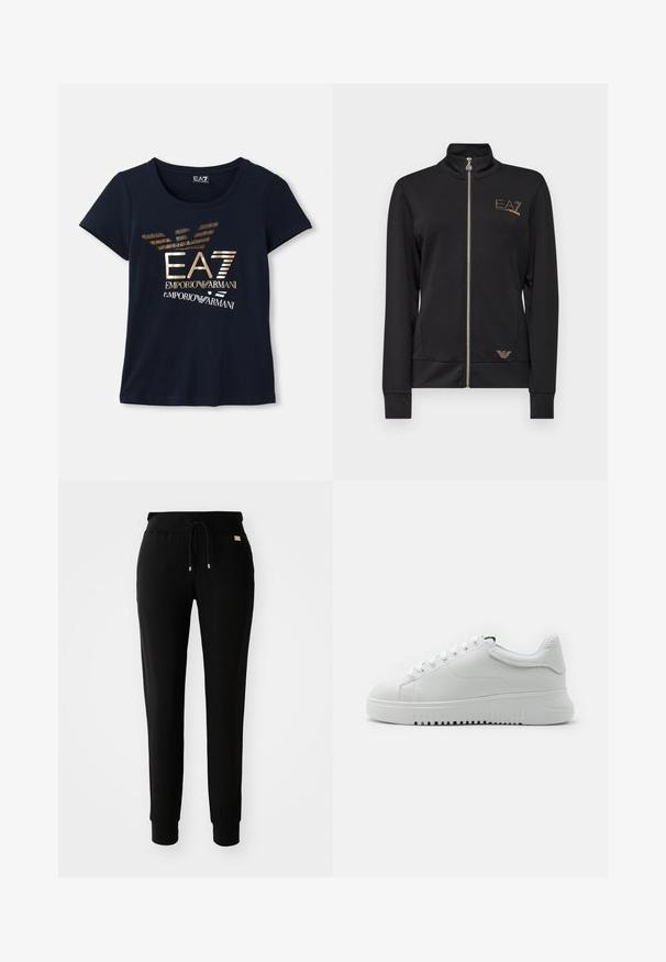 Črna zadrga jakna z visokim ovratnikom, izdelana iz gladkega blaga. Ima zlat logo in prilegajoč dizajn z rebrastimi manšetami.; Mornarsko modra majica s kratkimi rokavi iz bombaža, ki ima metalno zlato grafično logotip s tekstom in stiliziranimi detajli ptičjih kril.; Črne slim fit trenirke z vrvico v pasu in z manšetami na gležnjih, prikazane na beli ozadju.; Bele tene jaha z višezložno usnje, okroglim nosom in vezalnim dizajnom. Debel beli gumijast podplat z teksturiranim oprijemnim vzorcem.