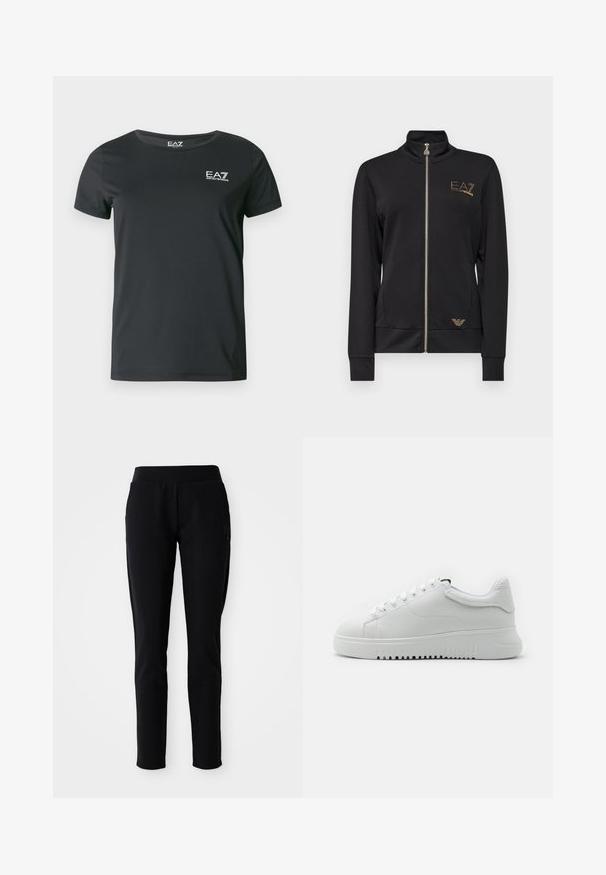 Sort zip-jakke med høj krave, lavet af glat stof. Har guld logo detaljer og en tætsiddende pasform med ribbede manchetter.; Sort t-shirt med korte ærmer lavet af glat stof, med rund halsudskæring og et lille hvidt EA7-logo på brystet.; Sorte atletiske bukser med en tætsiddende silhuet, elastisk talje og sidelommer med en diskret logo-detalje på venstre ben.; Hvide sneakers med en struktureraad læderoverdel, rund tå og snørebåndsdesign. Tykk hvid gummisål med struktureret grebsmønster.