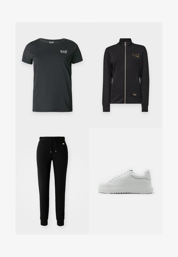 Črna zadrga jakna z visokim ovratnikom, izdelana iz gladkega blaga. Ima zlat logo in prilegajoč dizajn z rebrastimi manšetami.; Črna kratka majica s kratkimi rokavi iz gladkega blaga, z okroglim izrezom in majhnim belim logotipom EA7 na prsih.; Črne slim fit trenirke z vrvico v pasu in z manšetami na gležnjih, prikazane na beli ozadju.; Bele tene jaha z višezložno usnje, okroglim nosom in vezalnim dizajnom. Debel beli gumijast podplat z teksturiranim oprijemnim vzorcem.