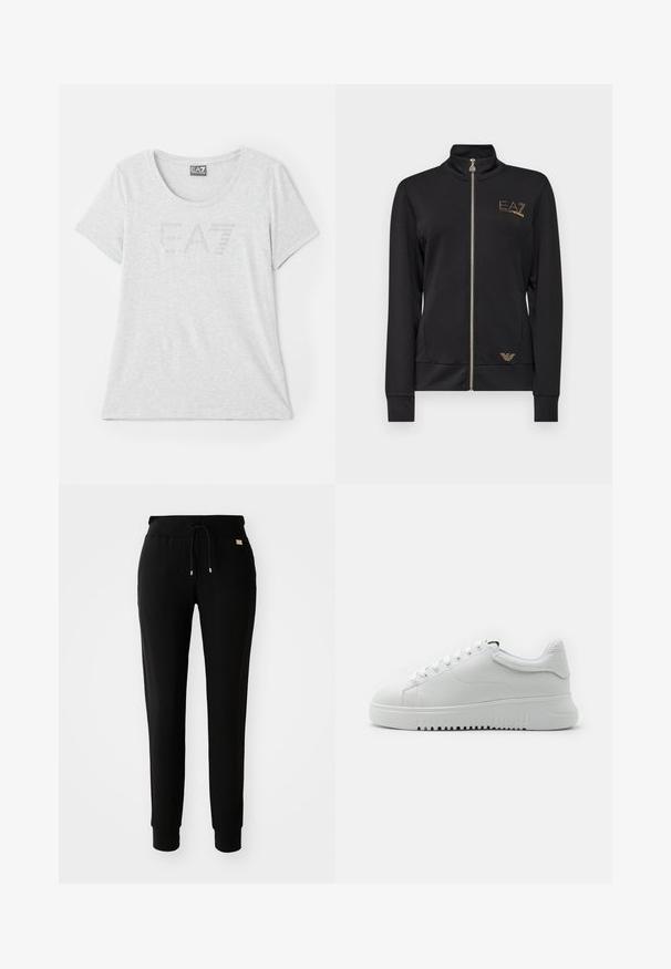 Svart hettejakke med glidelås, laget av glatt stoff. Har gulllogo-detaljer og en tettsittende design med ribbede mansjetter.; Lys grå T-skjorte laget av mykt stoff, med rund hals og korte ermer. Framsiden har en subtil EA7-logo i krystaller.; Sorte tapered joggebukser med snøring i livet og mansjetter ved anklene, vist på en enkel hvit bakgrunn.; Hvite joggesko med en strukturert skinnoverdel, rund tå og snøring. Tykkt hvitt gummisåle med gripestruktur.