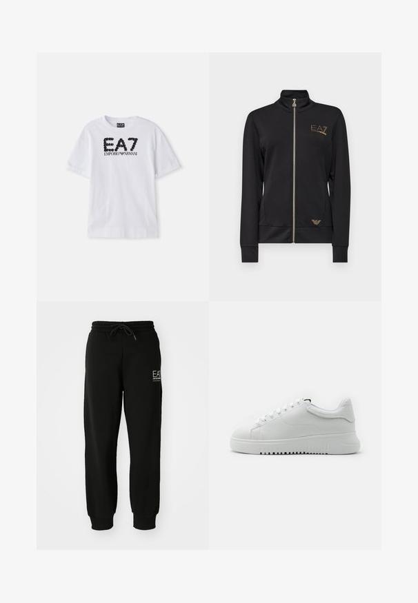 Casaco preto com fecho éclair e gola alta, feito de um tecido suave. Apresenta detalhes em logo dourado e um design ajustado com punhos canelados.; T-shirt de algodão branco com um logótipo preto em lantejoulas "EA7 EMPORIO ARMANI" na frente, mangas curtas e decote redondo.; Calças de jogging pretas feitas de um suave misto de algodão, com cintura elástica, cordão e punhos ajustados nos tornozelos. Inclui detalhe do logótipo na frente.; Sapatilhas brancas com um upper de couro texturizado, bico arredondado e design de atacadores. Sola grossa de borracha branca com padrão de aderência texturizado.