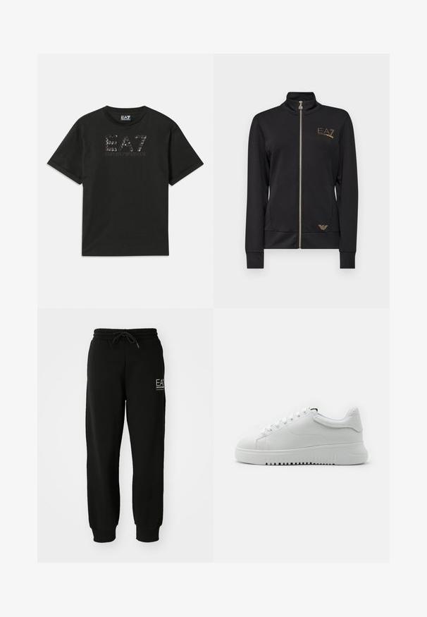Svart zip-up jacka med hög krage, tillverkad av slätt tyg. Har gyllene logotypdetaljer och en figursydd design med ribbad mudd.; Svart bomull t-shirt med en texturerad logotypdesign i paljetter med "EA7" och "EMPORIO ARMANI" tryckt i grått framtill. Kortärmad.; Svarta joggerbyxor i mjuk bomullsblandning, med elastisk midjeband, dragsko och avsmalnande ankle cuffs. Inkluderar logotypdetalj fram.; Vita sneakers med en texturerad läderöverdel, rund tå och snörningsdesign. Tjock vit gummisula med texturerat greppmönster.