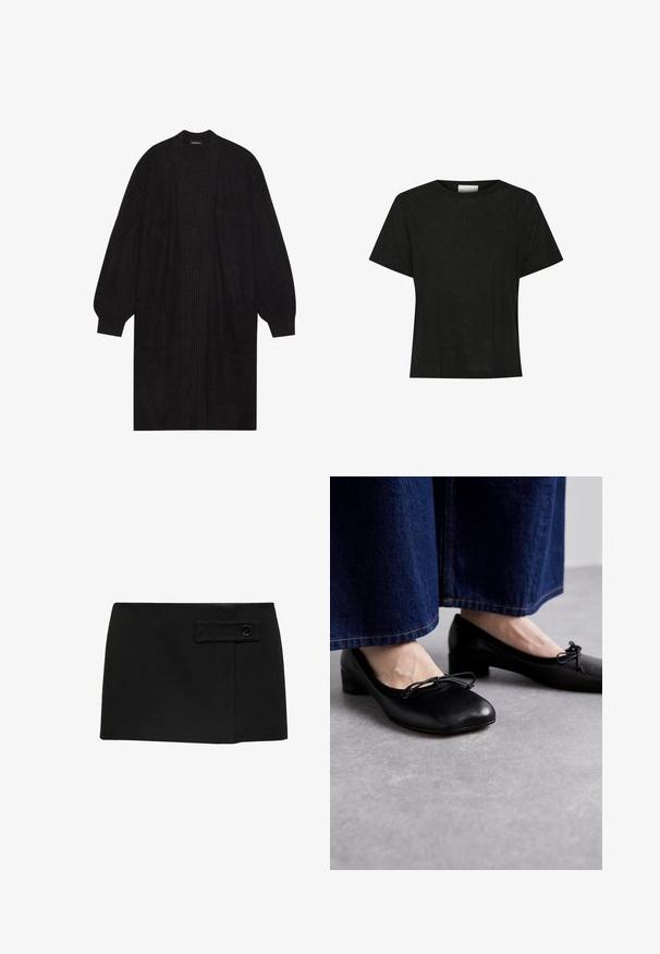 Čierny pletený sveter s dlhými rukávmi, otvoreným predným dielom a dvoma prednými vreckami. Obsahuje štruktúrovaný vzor a rebrované manžety a lem.; Čierne tričko s krátkym rukávom vyrobené z ľahkého materiálu. Dizajn s okrúhlym výstrihom a voľným strihom, s minimálnou textúrou, vhodné na neformálne nosenie.; Čierna mini sukňa s hladkou štruktúrou, ktorá má bočný vrecko a čierny gombík ako ozdobu na prednej strane.; Čierne kožené topánky so štvorcovou špičkou a malým podpätkom, so zdobnou mašľou na prednej strane. Nosené s tmavými džínsami.