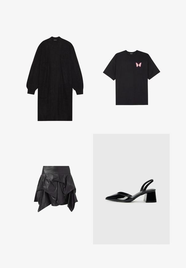 Zwarte gebreide cardigan met lange mouwen, open voorkant en twee voorzakken. Heeft een gestructureerd patroon en geribbelde manchetten en zoom.; Zwarte katoenen t-shirt met korte mouwen, voorzien van een kleine roze vlinder graphic op de linkerkant van de borst. Crew neck ontwerp met een relaxte fit.; Zwarte leren rok met een uitlopende, asymmetrische ontwerp met gedrapeerde details en een aansluitende tailleband. Gladde textuur met een glanzende afwerking.; Zwarte gepatineerde leren slingback hakken met een spitse neus en een geometrische blokhak. Kenmerkt zich door een slank, minimalistisch ontwerp en een gladde textuur.