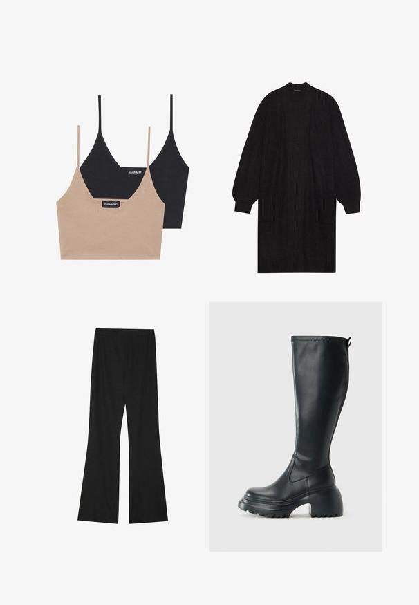 Cardigan preto de malha com mangas longas, frente aberta e dois bolsos frontais. Apresenta um padrão texturizado e punhos e bainha canelados.; Duas bralettes de algodão: uma em bege claro e outra em preto, com alças finas e um design em V. Etiquetas visíveis no interior.; Calças pretas a boca de sino com um tecido texturizado, apresentando um cós elástico e um corte solto, projetadas para conforto e facilidade de movimento.; Bota preta de couro alta com sola de plataforma robusta e salto bloco, apresentando puxador e padrão texturizado na sola.