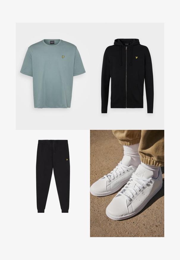 Crni dukserica s patentnim zatvaračem izrađena od mekanog materijala, s kapuljačom na vezanje, prednjim džepovima i malim žutim logom orla na prsima.; Svijetlozelena majica kratkih rukava od pamuka. Ima okrugli izrez i mali žuti vezeni logo na lijevoj strani prsnog koša.; Crne sportske hlače s elastičnim pojasom i vezicama, suženim nogavicama s manžetama i malim žutim vezenim logotipom na desnoj bedri.; Bijele kožne tenisice s glatkom površinom, klasičnog dizajna s vezicama, s perforacijama za prozračnost i teksturiranim gumenim potplatom.