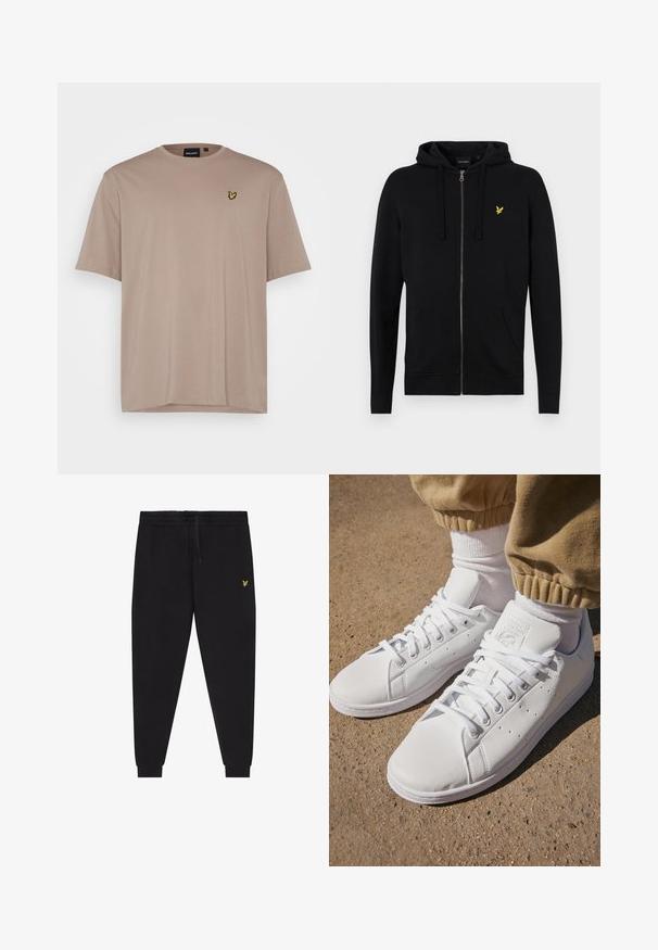 Zwarte rits hoodies gemaakt van zachte stof, met een trekkoordcapuchon, voorzakken en een klein geel adelaarslogo op de borst.; Lyle & Scott PLAIN - T-shirt basic - heritage taupe; Zwarte joggingsbroek met elastische taille en trekkoord, taps toelopende pijpen met boorden en een klein geel geborduurd logo op de rechterdij.; Witte leren sneakers met een gladde oppervlakte, met een klassieke vetersluiting, perforaties voor ademend vermogen en een gestructureerde rubberen buitenzool.