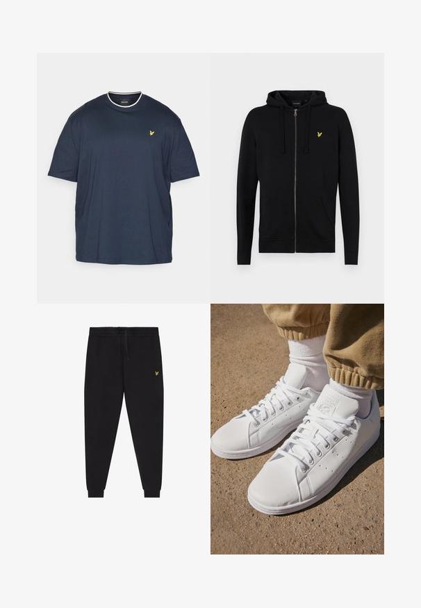 Black zip-up hoodie made from soft fabric, featuring a drawstring hood, front pockets, and a small yellow eagle logo on the chest.; Lyle & Scott PLUS TIPPED - Basic T-shirt - dark navy/chalk; Black jogger pants with elastic waistband and drawstring, tapered legs with cuffs, and small yellow embroidered logo on right thigh.; White leather sneakers with a smooth surface, featuring a classic lace-up design, perforations for breathability, and a textured rubber outsole.