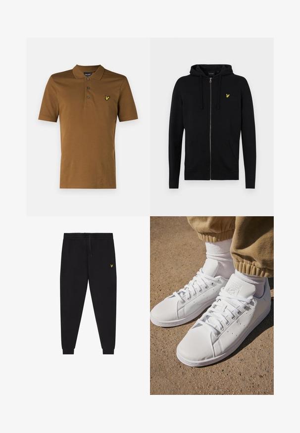 Črna zip-up kapuca iz mehkega blaga, z vrvico na kapuci, sprednjimi žepi in majhnim rumenim orlom na prsih.; Rjava polo majica iz bombaža, ki ima klasičen ovratnik, tri gumbe na sprednjem delu in rumen izvezen logo na prsih.; Črne športne hlače z elastiko v pasu in vrvico za zategovanje, zožene nogavice s patentnim robom ter majhen rumen vezen logotip na desnem stegnu.; Beli usnjeni športni copati s gladko površino, z brezčasnim vezalnim dizajnom, perforacijami za zračnost in teksturiranim gumiranim podplatom.