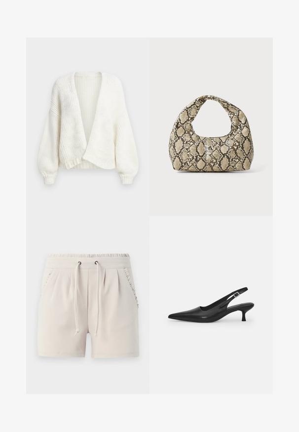 Witte geribbelde gebreide cardigan met een open voorkant, verlaagde schouders en lange ballonmouwen met aansluitende manchetten.; Witte overhemd met knopen van glad katoen, met een klassieke kraag, lange mouwen en een afgeronde zoom. De knopen zijn klein en wit.; Lichtbeige shorts met een elastische tailleband, trekkoord, zijzakken en ruches langs de zakranden. Zachte stofstructuur.; Zwarte leren slingback schoen met een puntige neus en een slanke, gebogen hak. Voorzien van een discrete verstelbare band met een metalen gesp.; Slangpatroon handtas met een gebogen handvat. Gemaakt van gestructureerde, beige en bruine materialen, met een kenmerkend ruitpatroon.