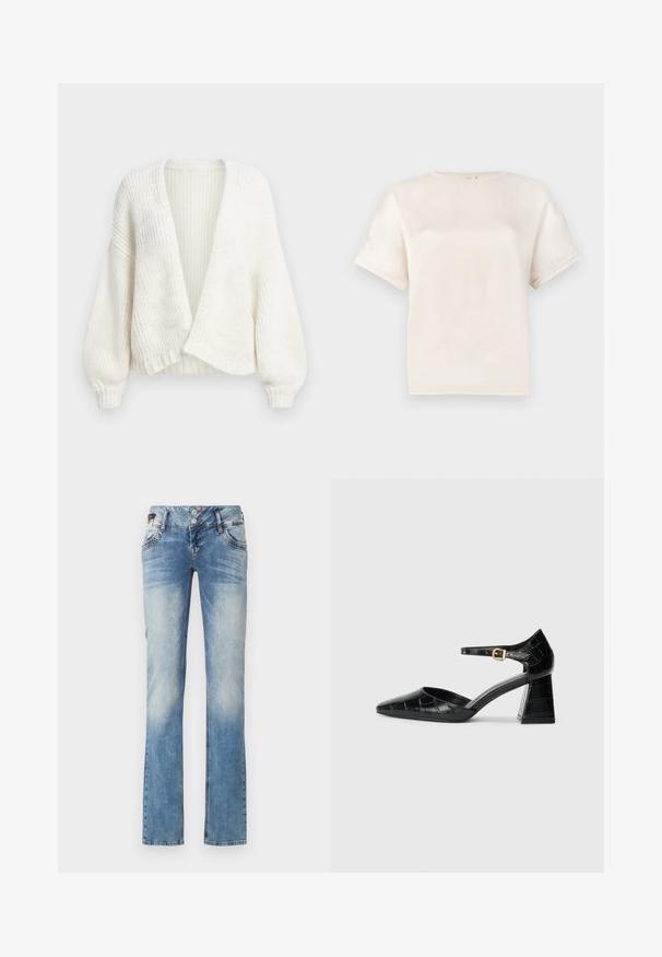 Bel beli rebrasti pulover s sprednjim odprtim delom, spuščenimi rameni in dolgimi balonasti rokavi s prilegajočimi se manšetami.; Majica s kratkimi rokavi in okroglim ovratnikom v off-white barvi, izdelana iz gladkega materiala, s sproščenim fitom in minimalnimi šivi na rokavih.; Svijetloplave traperice s ravnim nogavicama, koje imaju zatvaranje na pet dugmadi, prednje džepove i suptilne detalje u izblijedjelosti.; Črne patentne usnjene čevlje s visokimi petami, s koničastim nosom, trakcem okrog gležnja in teksturiranim kroko vzorcem. Oblikovanje kvadratne blokaste pete.