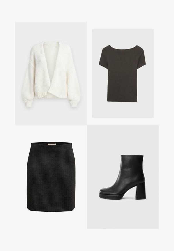 Bel beli rebrasti pulover s sprednjim odprtim delom, spuščenimi rameni in dolgimi balonasti rokavi s prilegajočimi se manšetami.; Temno siva kratka majica s čolnasto izrezom. Narejena iz rebraste tkanine, ki ima sproščen kroj in čist rob. Preprost dizajn, brez vzorcev.; Krilo z vzorcem črno-belega karo, fitted oblikovanja, ravne silhuete in gladke teksture. Ima pas za dodatno udobje.; Črne usnjene gležnjarje z blok peto in platformo, prikazane s strani na enobarvni beli podlagi.
