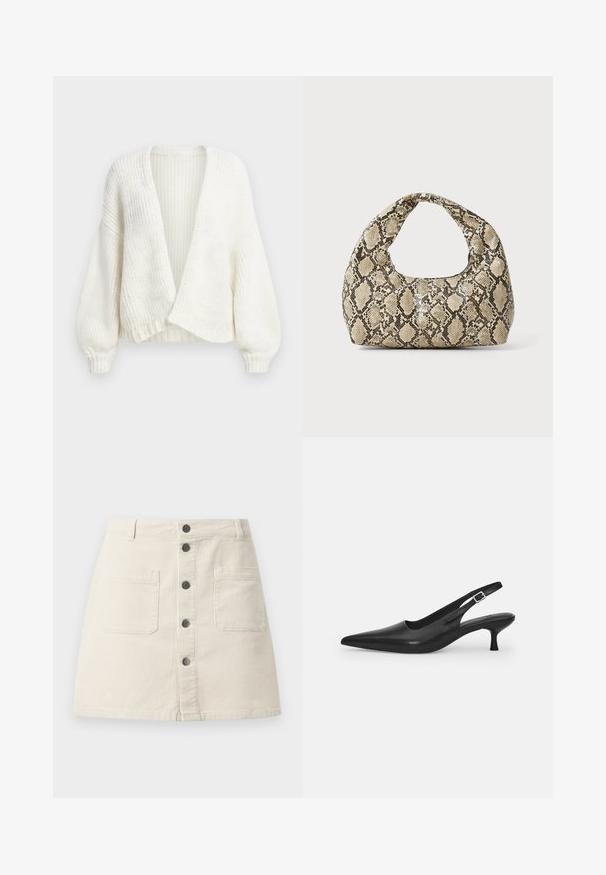Valge soonikkoega kootud kardigan avatud esiosaga, langevate õlgade ja pikkade õhupallvarrukatega, mis on kitsendatud varrukaotsad.; Helebeige pikkade varrukatega sviiter ribakangana, ümmarguse kaeluse ja väljakujunenud disainiga. Pehme kangas ja sujuvad soonikud.; Beige kangasmini seelik ees oleva nupuga kinnituse, kahe suure kott-tasku ja vöökottidega.; Mustmustast musta nahast slingback king, millel on terav varvas ja kitsas, kumer konts. Omab diskreetset reguleeritavat rihma metallist pandlaga.; Musta käärmeprindiga kott kõveraga käepidemega. Valmistatud tekstiilsetest, beežidest ja pruunidest materjalidest, millel on iseloomulik rombikujuline muster.