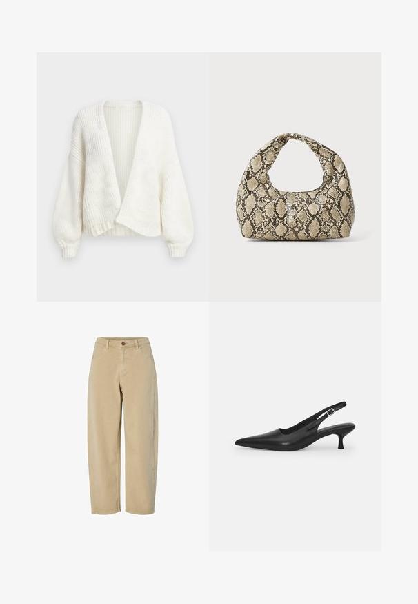 Bílý pruhovaný pletený kardigan s otevřeným předním dílem, spadlými rameny a dlouhými balónovými rukávy s přiléhavými manžetami.; Světle béžový svetr s dlouhým rukávem, ribbovanou texturou, kulatým výstřihem a přiléhavým střihem. Měkká tkanina a bezšvové manžety.; Béžové kalhoty s širokými nohavicemi vyrobené z bavlny, s knoflíkovým zapínáním, dvěma předními kapsami a hladkou texturou. Žádné viditelné vzory.; Černá kožená nazouvací bota se špičatou špičkou a štíhlým zakřiveným podpatkem. Obsahuje diskrétní nastavitelný pásek s kovovou sponou.; Kabelka s hadím vzorem a zakřiveným držadlem. Vyrobena z texturovaných béžových a hnědých materiálů, s charakteristickým diamantovým vzorem.