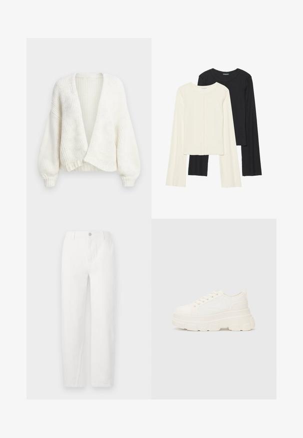 Hvid ribstrikket cardigan med åben front, faldskuldre og lange ballonærmer med tætsiddende manchetter.; Sæt med to langærmede toppe i hvid og sort. Ribbet tekstur, rund halsudskæring, tætsiddende design med let udvidede ærmer.; Hvide straight-leg jeans lavet af denim, med knaplukning, to frontlommer og rene syninger. Simpelt design uden synlige mønstre.; Hvide lærreds sneakers med en kraftig sål, rund tå og fem snørehuller. Bagstrop for nem påtagning. Glat tekstur, minimalistisk design.