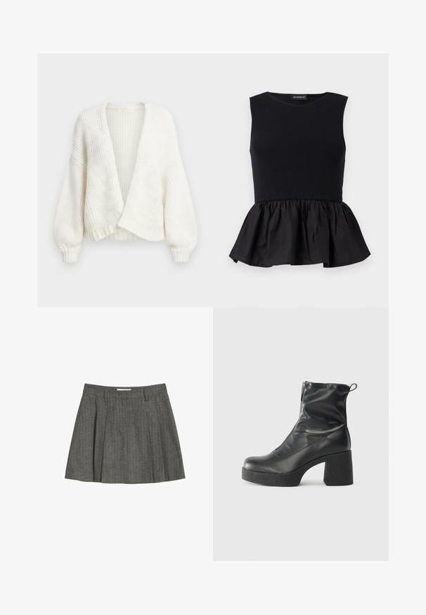 Cardigan bianco in maglia a coste con apertura frontale, spalle scese e maniche lunghe a palloncino con polsini aderenti.; Top nero senza maniche con parte superiore a coste e fondo peplum ampio e arricciato. Texture liscia con un colore uniforme.; Gonna grigia plissettata realizzata in un tessuto testurizzato con righe verticali. Presenta un girovita semplice e due passanti frontali per la cintura.; Stivali neri alla caviglia in pelle liscia, con zip laterale, tacco spesso e texture, e punta arrotondata.