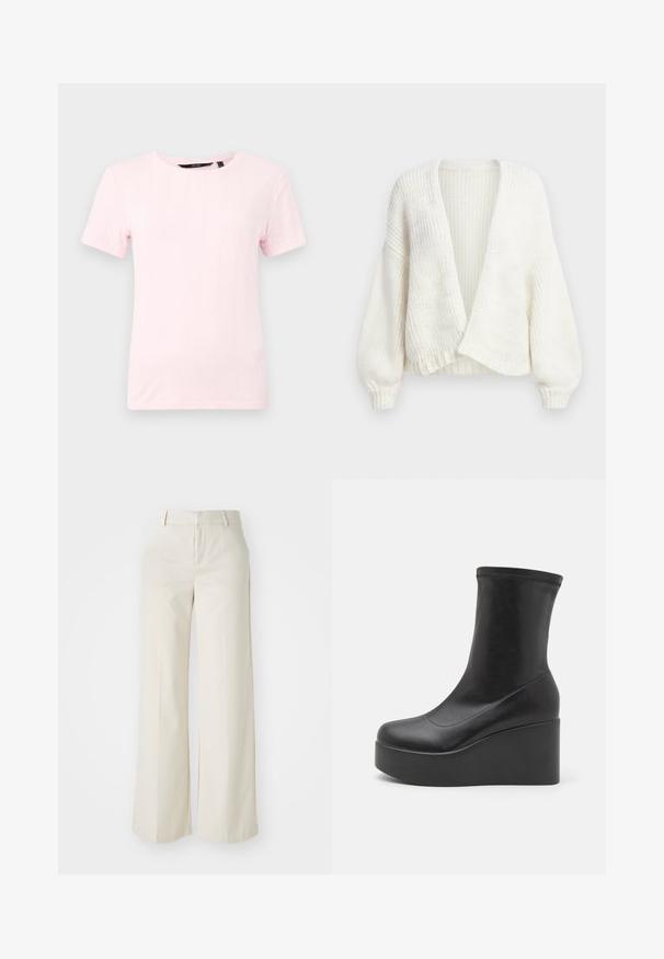 Bel beli rebrasti pulover s sprednjim odprtim delom, spuščenimi rameni in dolgimi balonasti rokavi s prilegajočimi se manšetami.; Polo majice s kratkimi rokavi, svetlo roza barve, izdelane iz teksturirane pletene tkanine, z okroglo ovratnico in navpičnim rebrastim vzorcem.; Široke hlače v svetlo bež barvi, izdelane iz gladkega materiala. Imajo klasičen pas in ravno sprednjo stran z čistimi linijami.; Črne platformske gležnjarje iz gladkega usnja, ki imajo visok wedge podplat in gladko površino z minimalnimi šivi.