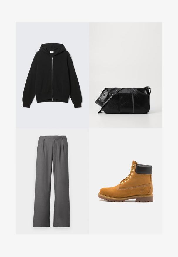 Czarna dzianinowa bluza z kapturem i zamkiem błyskawicznym, o prążkowanej fakturze, szerokich rękawach i luźnym kroju. Posiada srebrny zamek oraz miękką podszewkę.; Jasnoszara, długosleeve'owa koszulka polo z miękkiego materiału, z białym kołnierzykiem i zapięciem na cztery guziki. Gładka faktura, casualowy design.; Szare spodnie o szerokich nogawkach, wykonane z gładkiego materiału, z plisowanym przodem, bocznymi kieszeniami oraz dopasowaną talią z szlufkami na pasek.; Beżowe zamszowe botki sięgające kostki z czarną wyściełaną krawędzią, złotymi oczkami, białymi detalami szycia oraz wytrzymałą gumową podeszwą z wyraźnym bieżnikiem.; Czarna skórzana torba na ramię z zamkiem błyskawicznym, charakteryzująca się teksturowanym korpusem, białymi przeszyciami oraz paskiem z srebrnymi osłonkami.